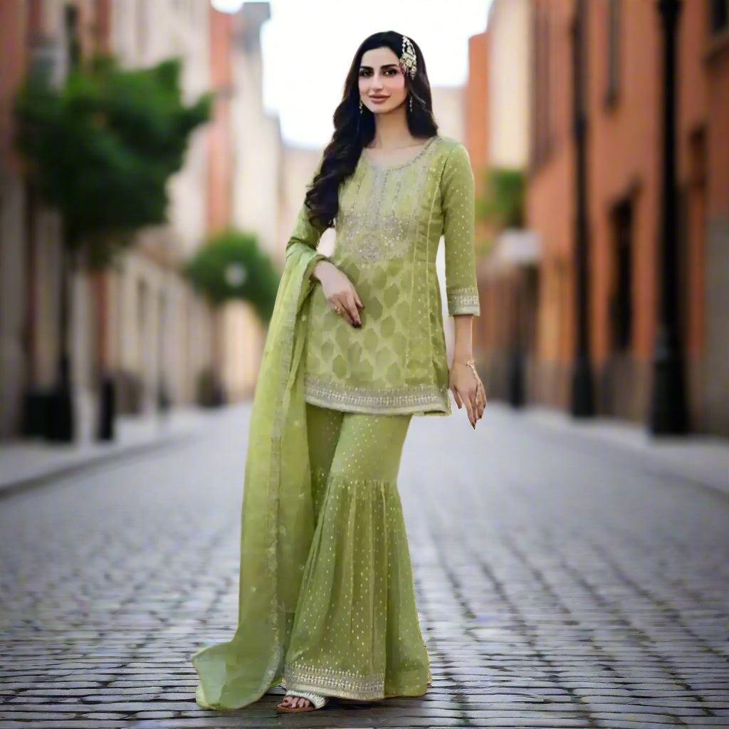 FRENCH GREEN SILK GHARARA SET