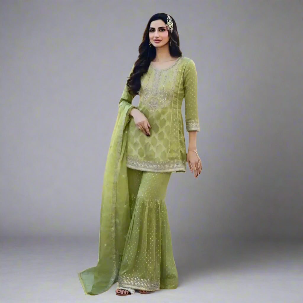FRENCH GREEN SILK GHARARA SET