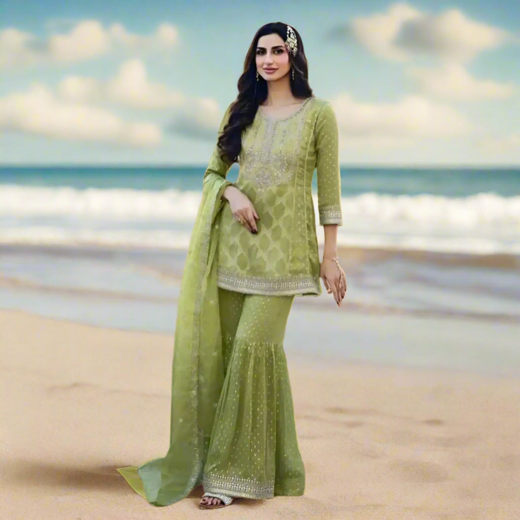 FRENCH GREEN SILK GHARARA SET