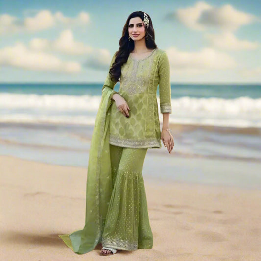 FRENCH GREEN SILK GHARARA SET